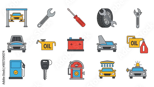 Car Service Icons: Repair, Maintenance, Auto Wash, Fueling, Keys, Battery
