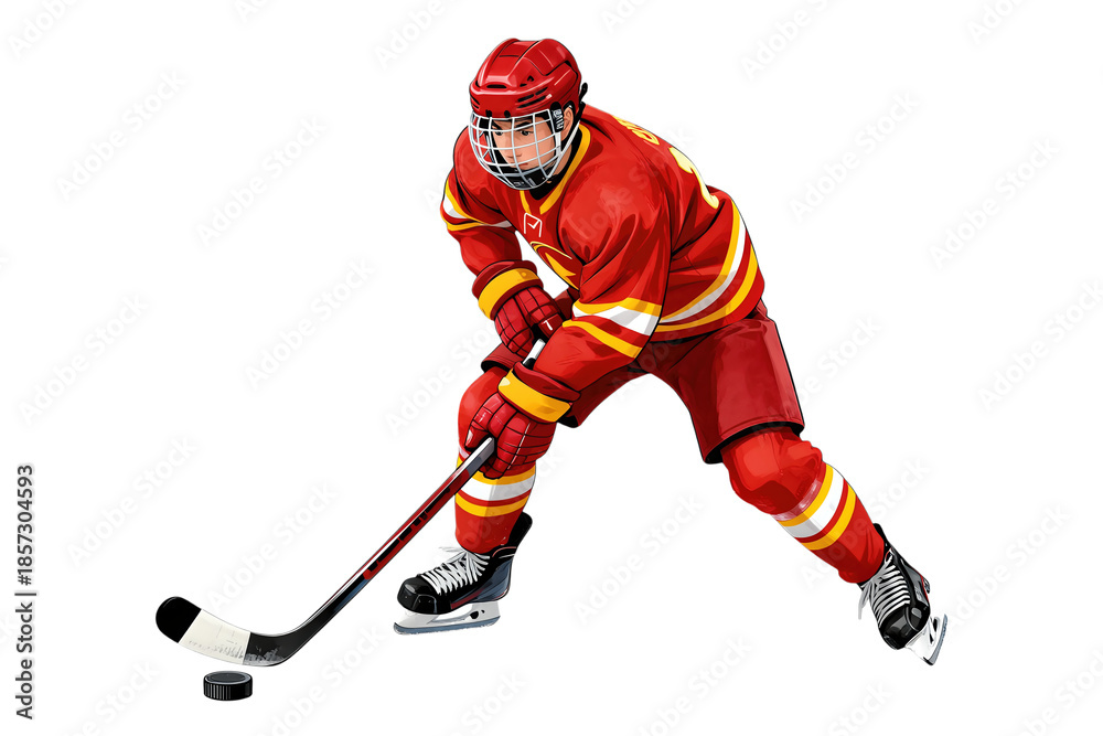 Obraz premium Male hockey player in red uniform skating with puck