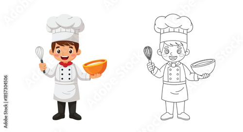 Aspiring Chef with a Culinary Heart: An illustrated chef stands proudly, his culinary passion radiating as he holds a bowl and spoon, ready to craft gastronomic delights.