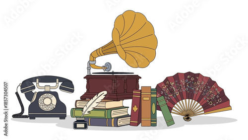 Vintage Objects: Gramophone, Rotary Phone, Books, Quill, and Fan