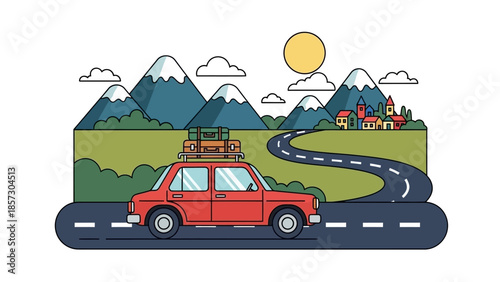 Road trip adventure: Red car with luggage travels through scenic mountains and village