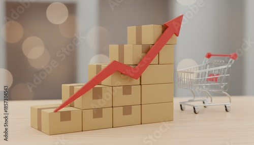 Business growth chart with stacked boxes and shopping cart symbolizing sales increase and e-commerce