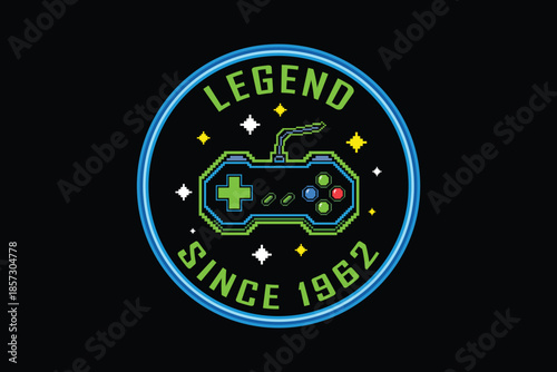 Retro gaming badge with controller and legend since 1962