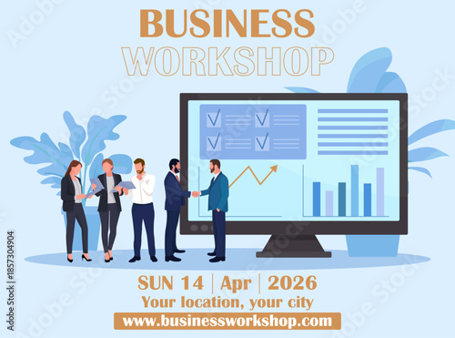 Business workshop poster office workers monitor screening rising graphics finance elements