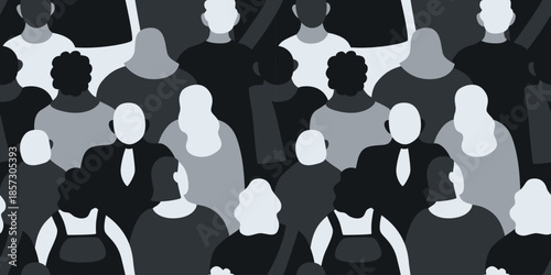 Сrowd illustration back view seamless pattern. Cartoon diverse adult people from behind, standing in a crowd. Monochrome, flat modern style. Meeting, sociology, statistics concept, Print, banner.