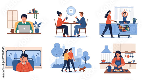 Daily Life Scenes: Working, Coffee, Yoga, Commuting, Walking Dog, Cooking