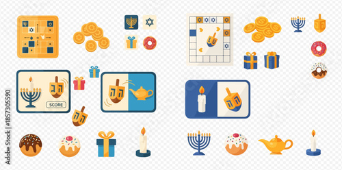 Hanukkah holiday celebration elements with menorah, dreidel, candles, gifts, and donuts in a flat design style.
