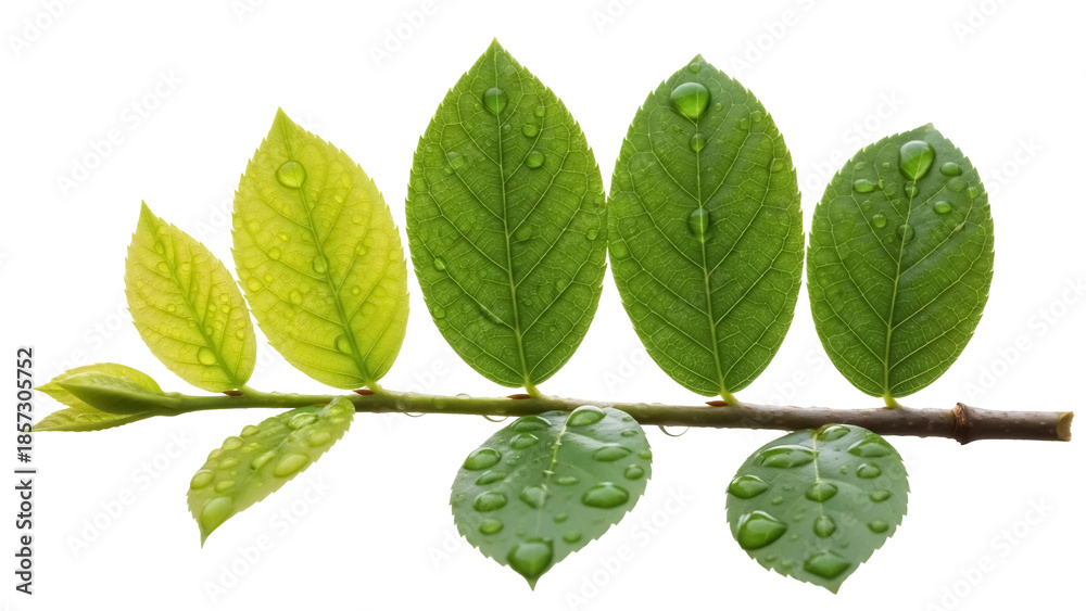 Fototapeta premium Fresh green leaves with water droplets isolated PNG, vibrant foliage on transparent background for nature-themed designs and botanical projects