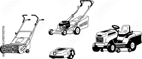 Various types of lawn mowers isolated on white background. Mowed grass. Gardening grass-cutter. Flat vector illustration.
