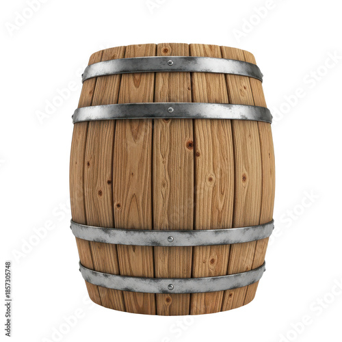 A rustic wooden barrel with metal hoops isolated on a black background
