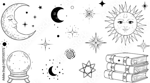Modern hand drawn vector illustrations with magic symbols, crescent moon, sun, magic ball and books. Perfect for cards, embroidery, covers, prints
