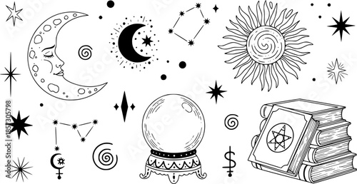 Modern hand drawn vector illustrations with magic symbols, crescent moon, sun, magic ball and books. Perfect for cards, embroidery, covers, prints
