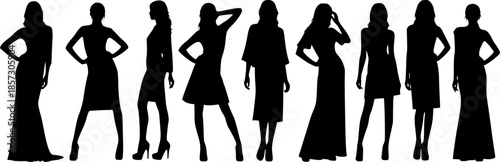 Silhouette collection of female fashion models in different poses standing in row, stylish women figure set for elegance, beauty and fashion design
