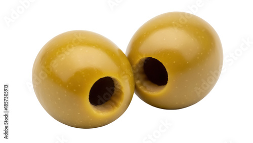 Billede på lærred Two green olives isolated PNG on transparent background, pitted olive fruit for