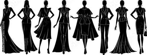 Silhouette collection of female fashion models in different poses standing in row, stylish women figure set for elegance, beauty and fashion design
