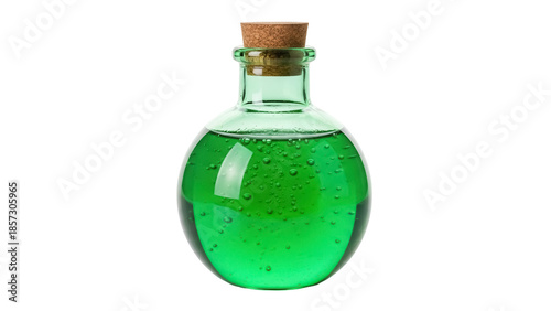 Green potion in glass bottle with cork isolated PNG, magical elixir for fantasy games and Halloween designs on transparent background