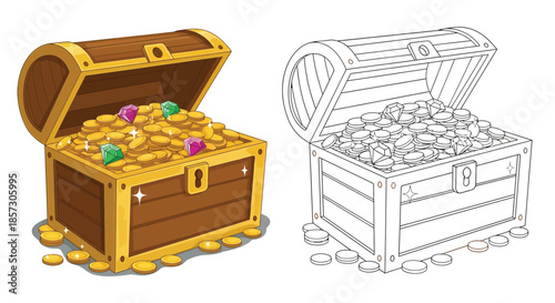 Treasure Chest of Riches: An illustration of a wooden treasure chest overflows with gold coins and sparkling gems, offering a glimpse into the allure of adventure and the thrill of discovery.