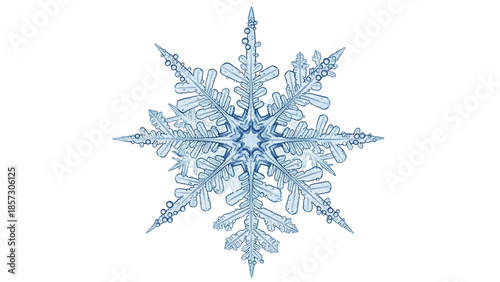Detailed blue snowflake PNG isolated on transparent background, intricate ice crystal design for winter holiday and Christmas themes