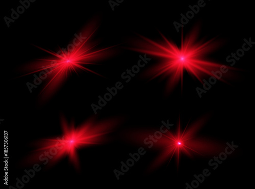Red light effect reflections, neon illumination in red colors. Bright light lens. Police light effects, lines. Shiny stars, glowing sparks on a black background.