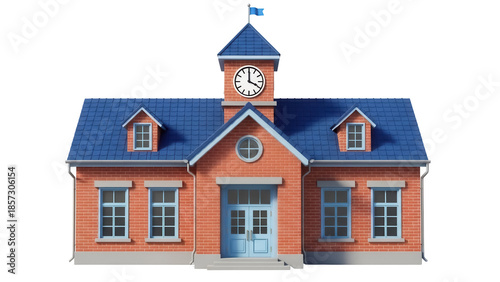 фотографія Cartoon school building PNG isolated on transparent background, brick facade wit