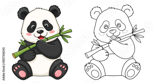 Playful Panda: A charming panda with its striking black and white coat, contentedly munching on a stalk of bamboo, radiates cuteness. The picture presents illustration with two pandas.