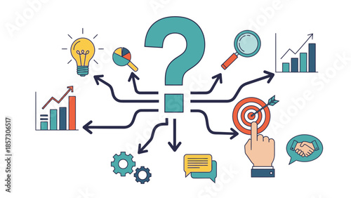 Decision Making Concept: Question Mark with Paths to Goals, Ideas, Charts, and Collaboration