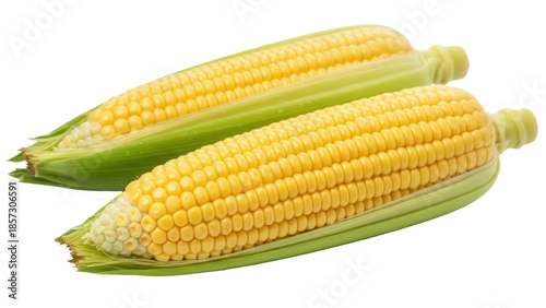 Bild auf Leinwand Two fresh yellow corn cobs with green husks isolated PNG, sweetcorn on transpare