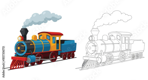 Steam Engine Delight: A vibrant steam engine chugs along tracks, puffing a cloud of steam, accompanied by its line drawing counterpart, offering a unique visual experience.
