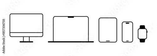 Minimal computer, laptop, tablet pc, mobile phone, and smart watch icon set. Modern technology devices flat icons collection, vector illustration
