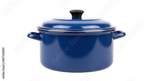 Foto Blue enameled stock pot with lid isolated PNG, cooking vessel for soups and stew