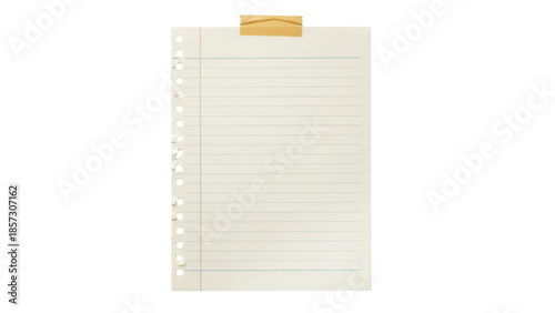 Lined notebook paper with tape isolated PNG on transparent background, school stationery for notes and reminders