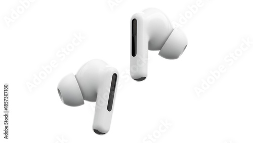 Pair of white wireless earbuds isolated PNG on transparent background, modern audio technology for music listening and communication
