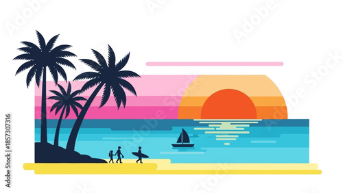 Tropical Beach Sunset Scene with Palm Trees, Surfers, and Sailboat