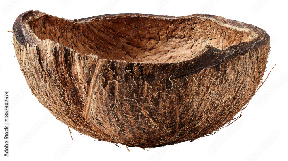 Obraz premium Half coconut shell natural tropical fruit husk texture organic food ingredient eco material rustic bowl isolated studio object on white background