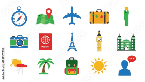Travel Icons Set: Airplane, Passport, Suitcase, Landmarks, Compass, Map, Camera, Sun