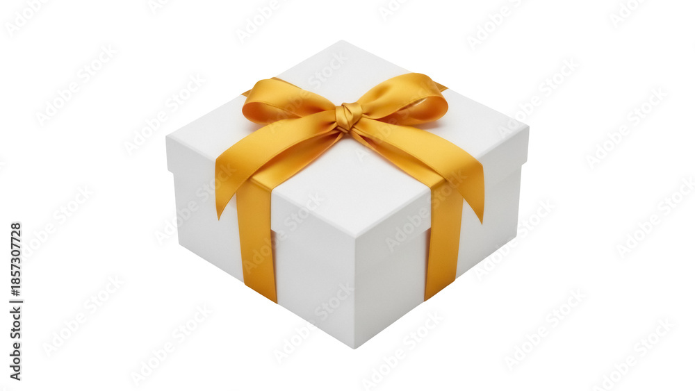 Obraz premium Elegant white gift box with golden ribbon isolated PNG, present for birthday or Christmas on transparent background