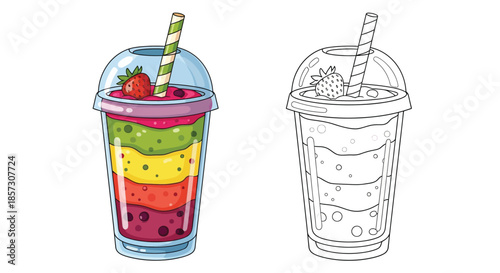 Vibrant smoothie: A layered smoothie bursts with fresh fruit colors, topped with a strawberry and a striped straw, offering a refreshing and healthy treat in a photorealistic illustration.