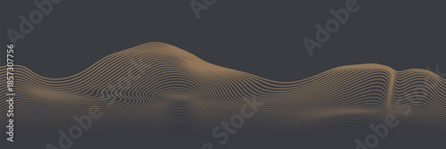 Vector abstract art landscape mountain with birds and sunrise with gold line art texture isolated on dark gray black background. eps10