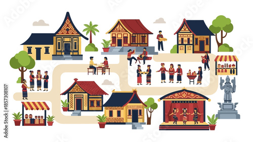 Traditional Village Life Scene with Cultural Activities and Architecture