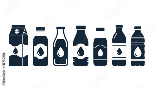 Collection of beverage containers including milk carton and bottles.