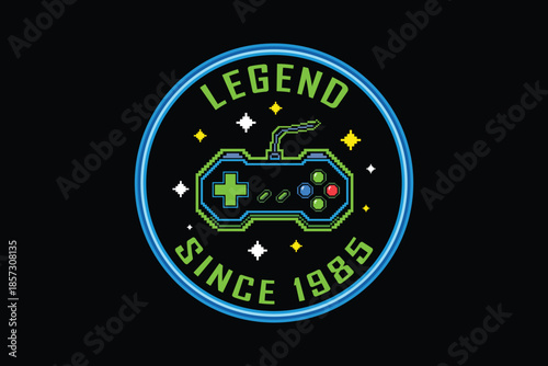 Retro gaming logo with controller and legend text since 1985