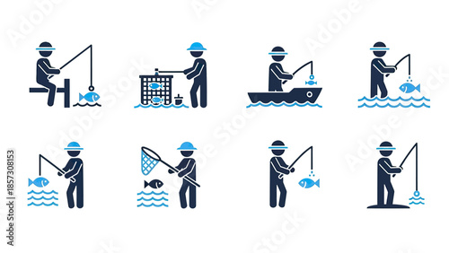 Collection of Fishing Icons Representing Various Activities.