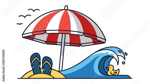 Summer Beach Scene: Umbrella, Flip-flops, Ocean Wave and Rubber Duck
