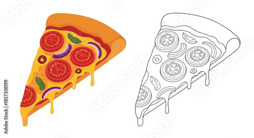 Pizza Slice Duo: A vibrant, isometric slice of pizza, bursting with color and flavor alongside a companion outline, is a delightful representation of culinary art.