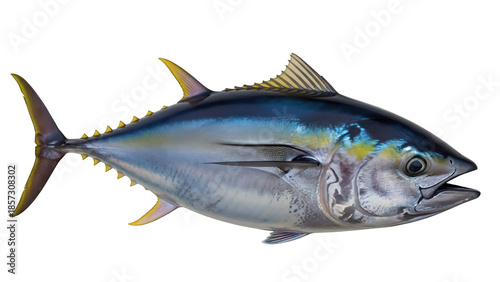 Yellowfin tuna fish PNG isolated on transparent background, saltwater game fish with vibrant yellow fins and sleek silver body