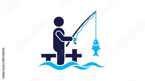 Fisherman catches a fish on a pier with blue water.