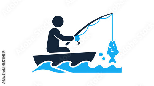 Fisherman in a boat catching a fish on a sunny day.