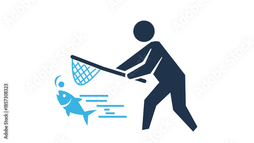 Fisherman Catching Fish with Net Icon.