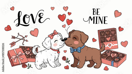 Adorable Cartoon Puppy Couple Sharing a Sweet Valentine's Day Kiss Surrounded by Chocolate Boxes and Hearts