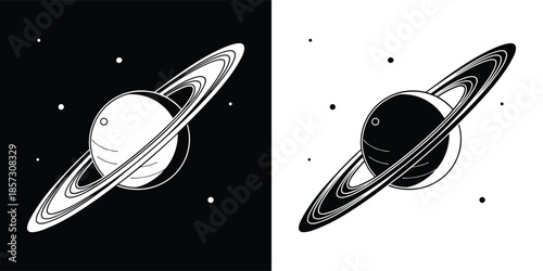 A captivating black and white illustration showcases the planet saturn, complete with its iconic rings, set against a backdrop of twinkling stars